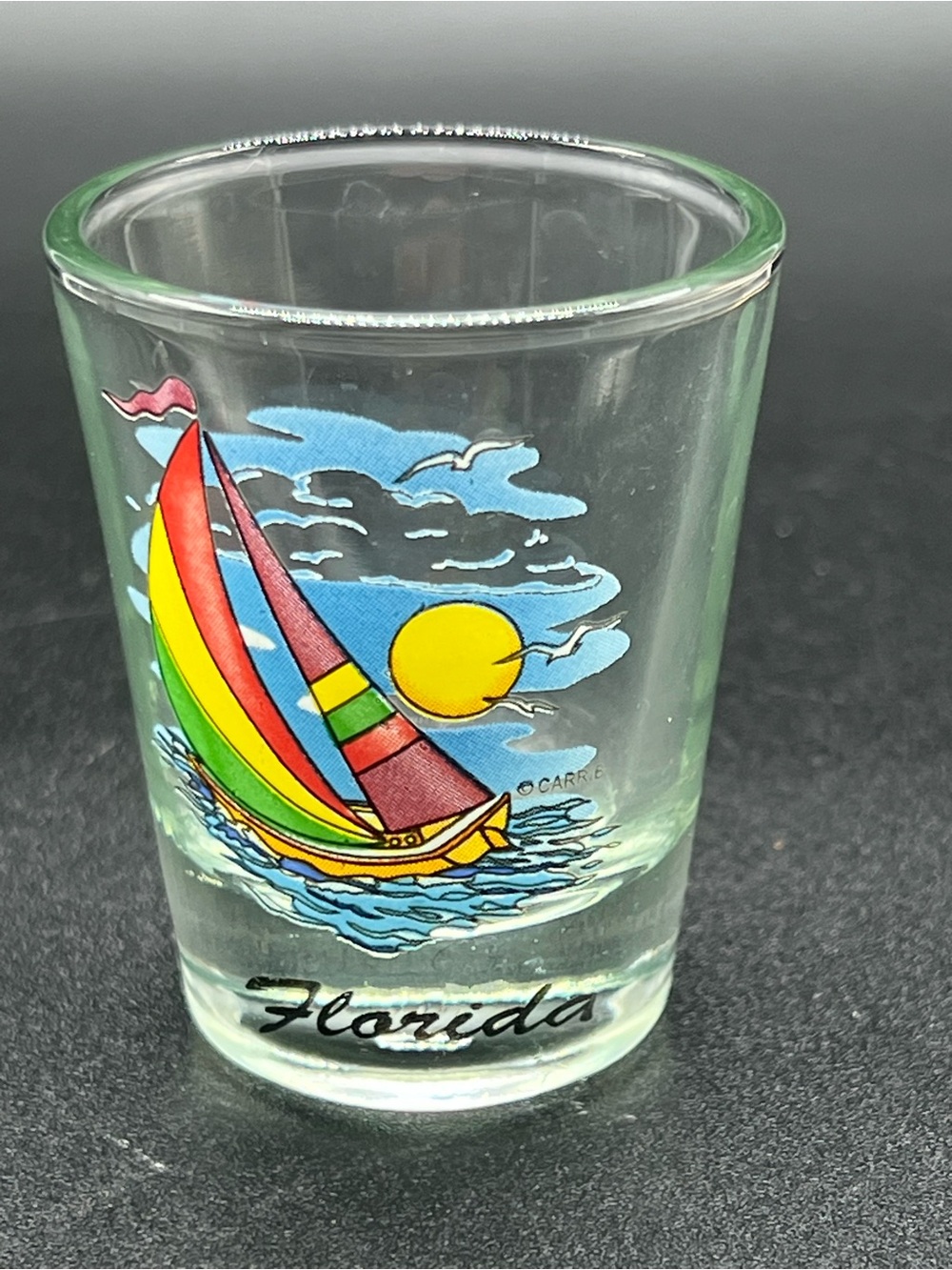 Vintage Florida Souvenir Shot Glass Colorful Sailboat Ocean Bar Glass